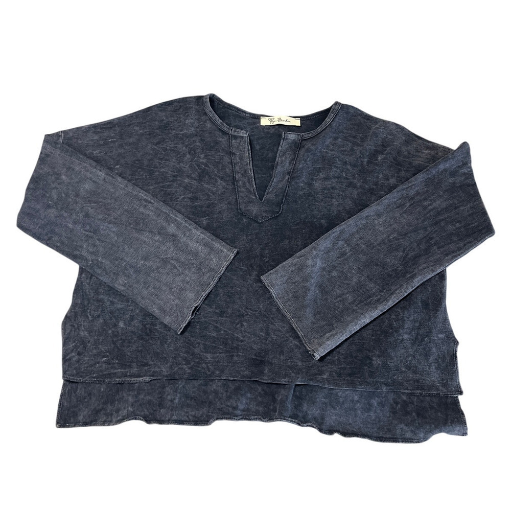 Women's Distressed Oversized Crop Top Small Waffle‎ Knit Casual Pullover Cut Out